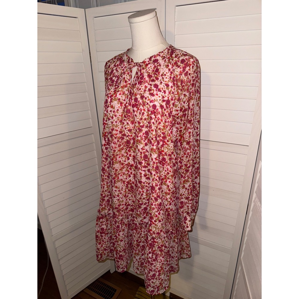 J. Crew Pink Floral Print Long Sleeve Tie Neck Tiered Dress Women's Size M - Picture 4 of 8